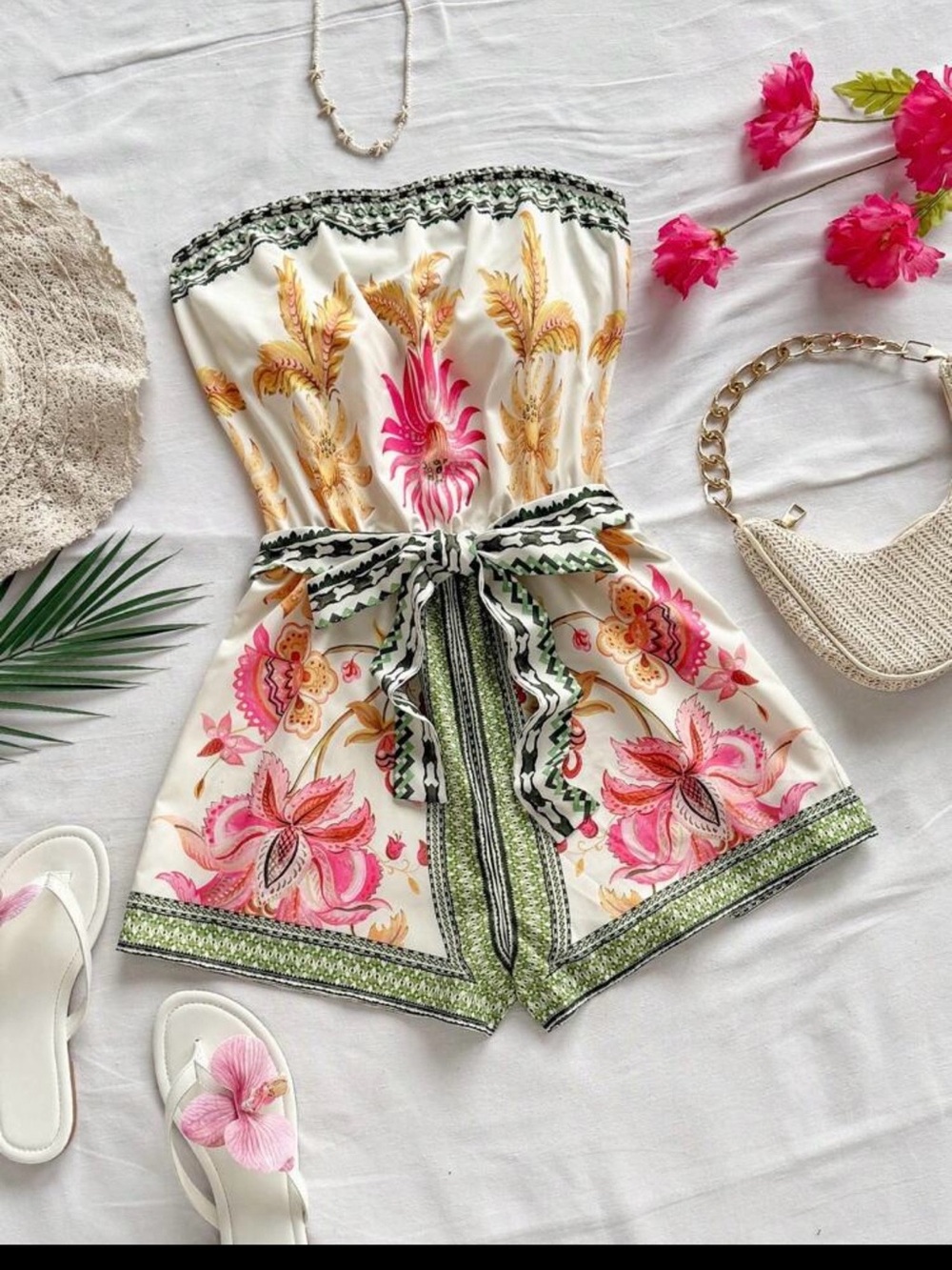 SHEIN White Floral Strapless Romper with Pink & Green Accents